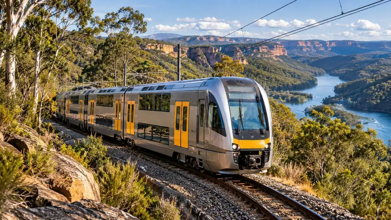 Un tren de dos pisos de cercanías que circula por el monte de eucaliptos en una línea de montaña